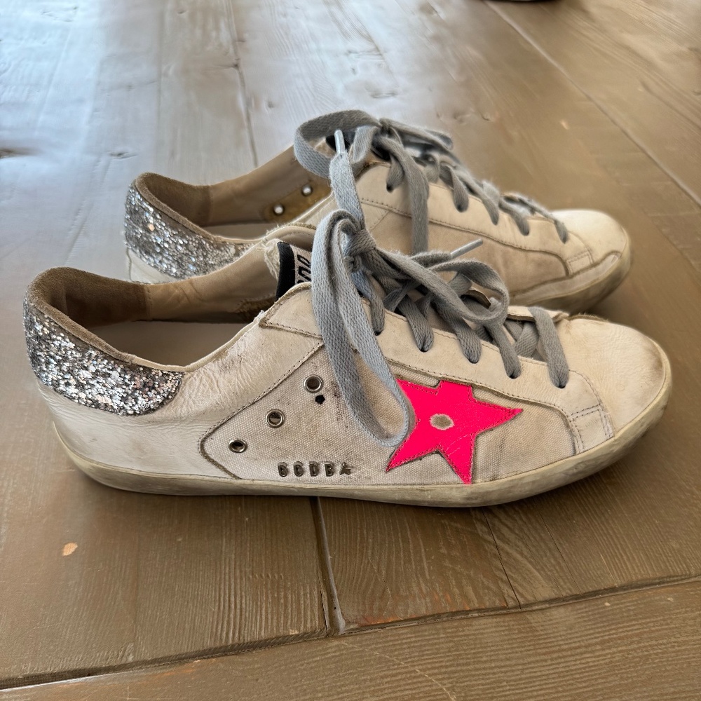 Golden Goose Super Star silver glitter Heel Tab Metal pink star EU 40